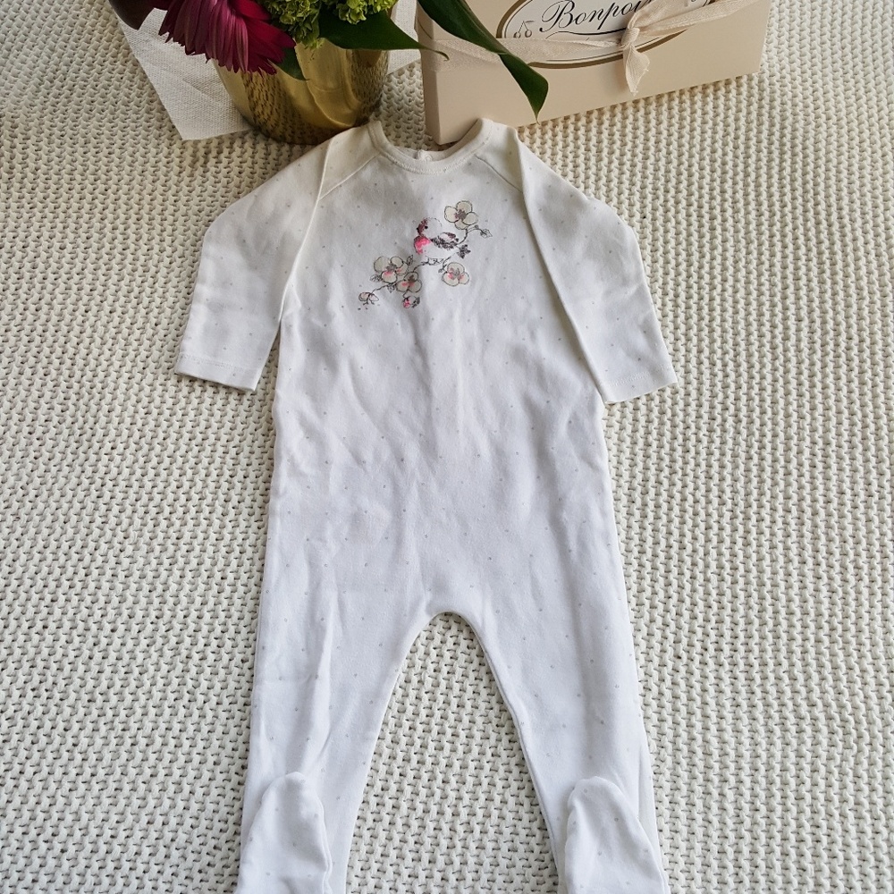 Bonpoint Silver Dot Footie Bird Sparke Print 6mths